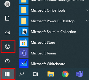 インストールが完了したら、Windowsのスタートボタンから、設定（歯車のアイコン）をクリックします。